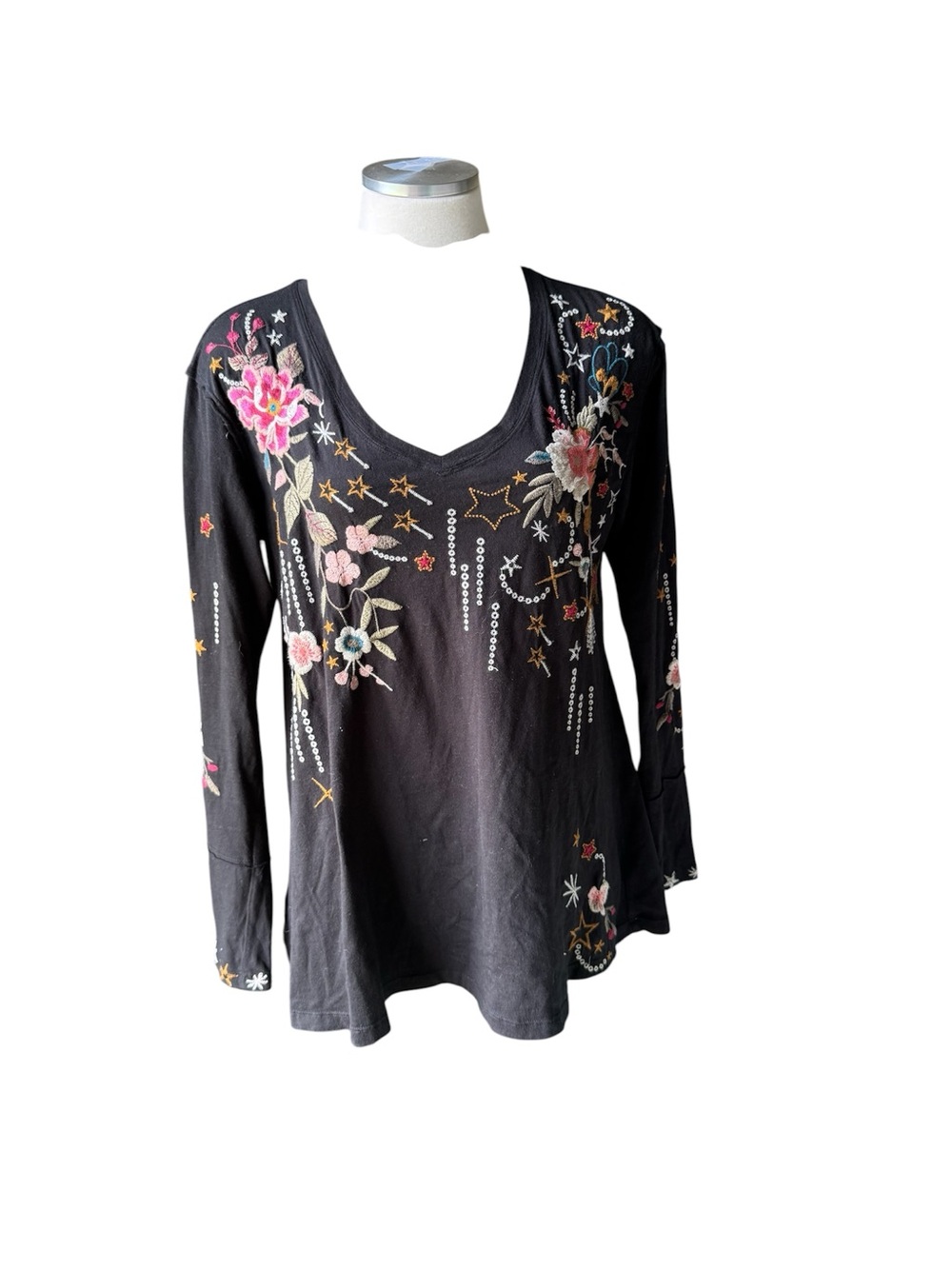 Johnny Was Black V-Neck Long-Sleeve Top with Pink & Cream Floral Embroidery